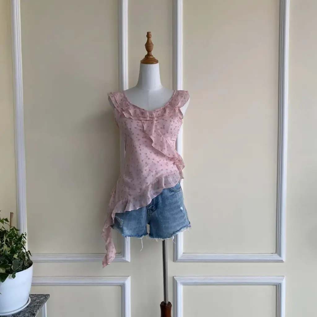 HB SS25-230 FLORAL RUFFLE ASYMMETRIC TOP